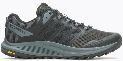 A black trail-running shoe with the brand name printed on the side.