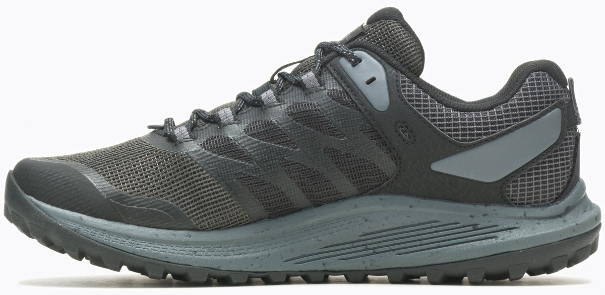 Side view of a charcoal gray running shoe.