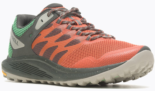An athletic shoe with an orange mesh upper, dark gray laces, and a light gray sole. The heel area is dark gray with a touch of green mesh.
