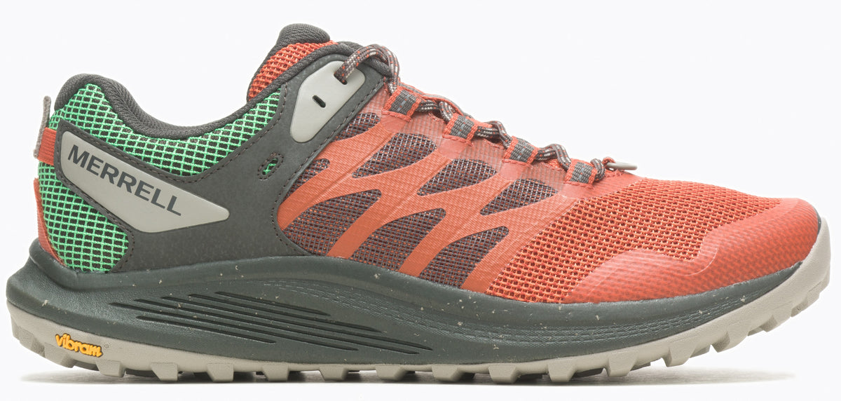 A running shoe with orange mesh and gray trim.
