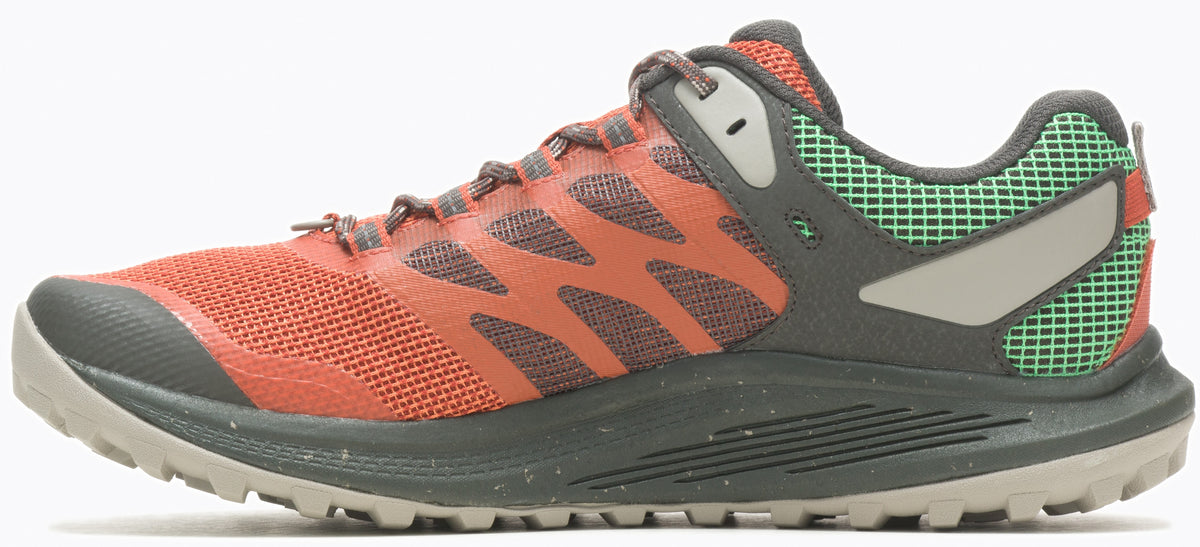 A coral running shoe with gray accents.