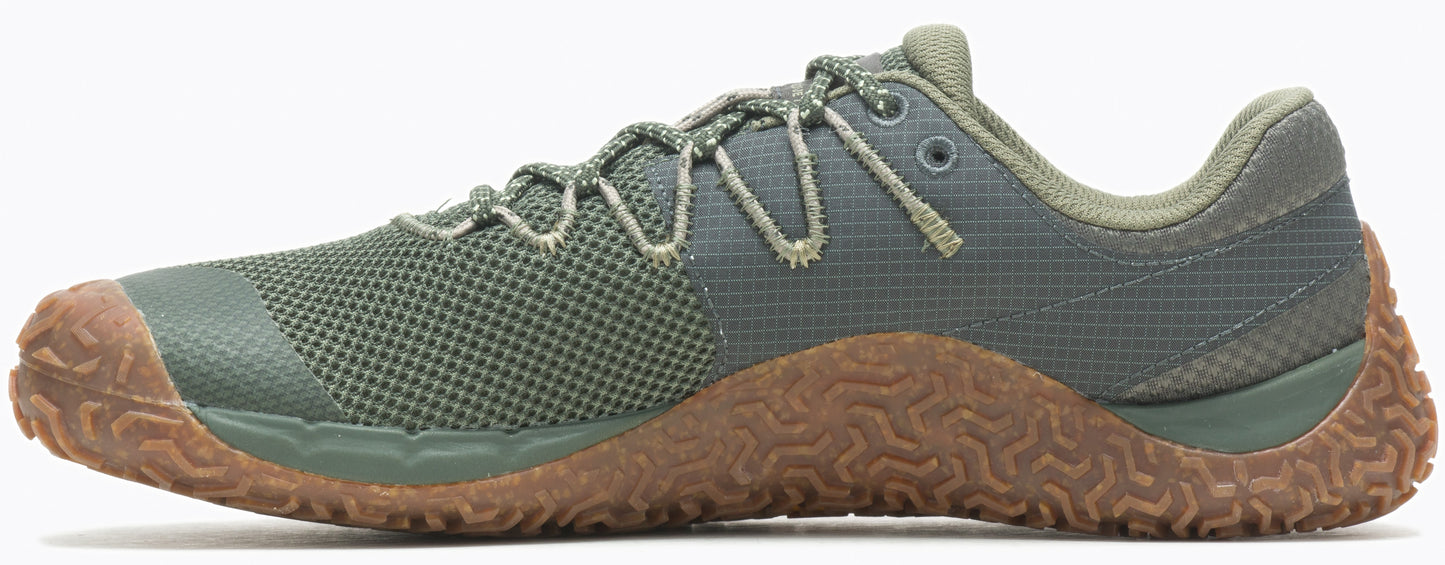 Green athletic shoe with a brown sole.