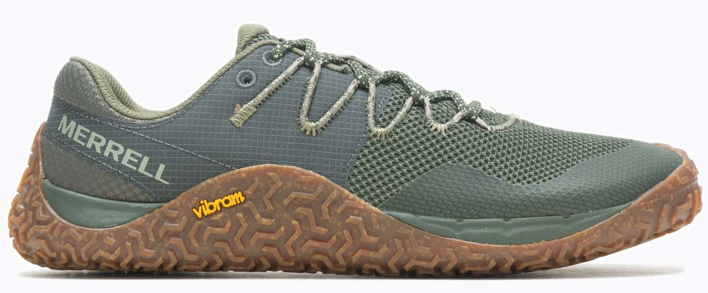 A green athletic shoe with the word MERRELL on the side and a brown Vibram sole.