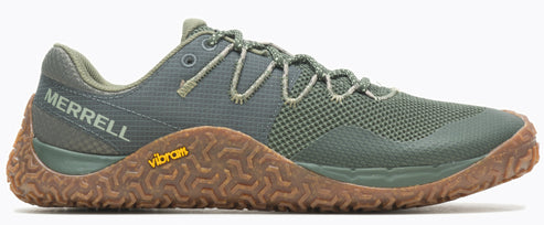 A green athletic shoe with the word MERRELL on the side and a brown Vibram sole.