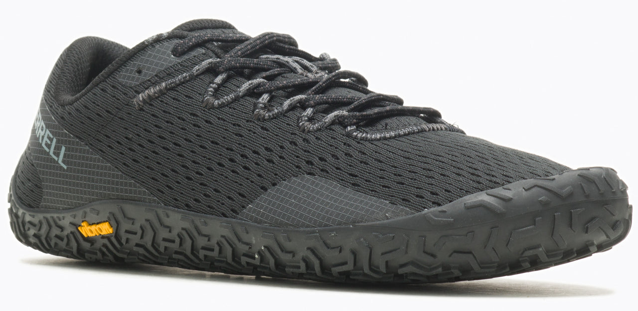 Black mesh running shoe with Vibram sole.