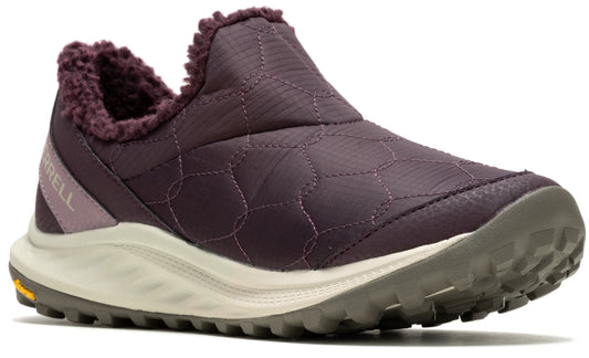 Slip-on shoe with a purple quilted upper and fuzzy collar, a light beige midsole, and a lugged gray outsole.