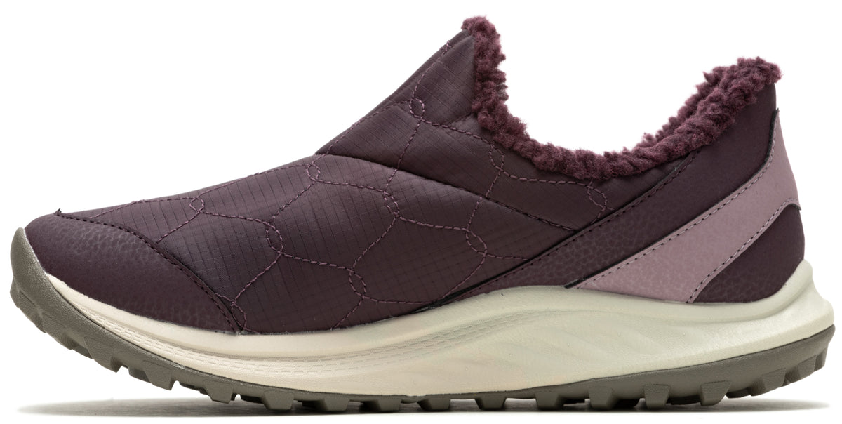 Plum slip-on shoe with lavender heel accent and tan treaded sole.