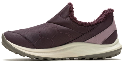 Plum slip-on shoe with lavender heel accent and tan treaded sole.