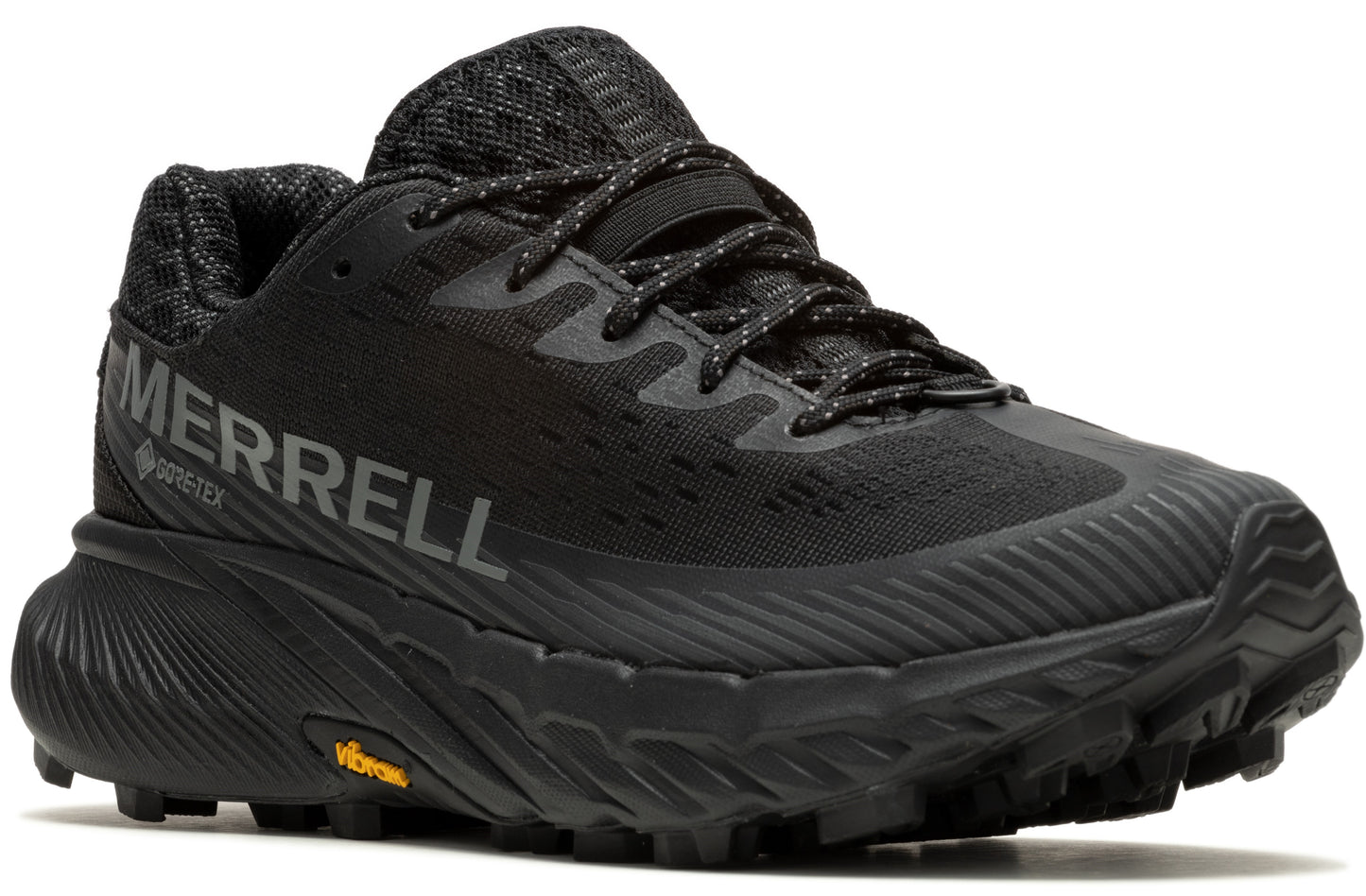 Black trail running shoe with 'MERRELL GORE-TEX' printed on the side and a Vibram sole.
