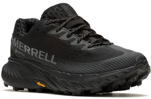 Black trail running shoe with 'MERRELL GORE-TEX' printed on the side and a Vibram sole.