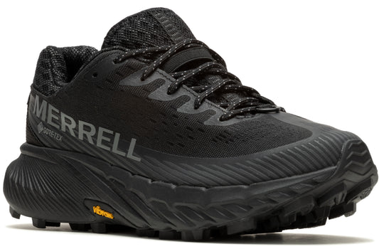 Black trail running shoe with 'MERRELL GORE-TEX' printed on the side and a Vibram sole.