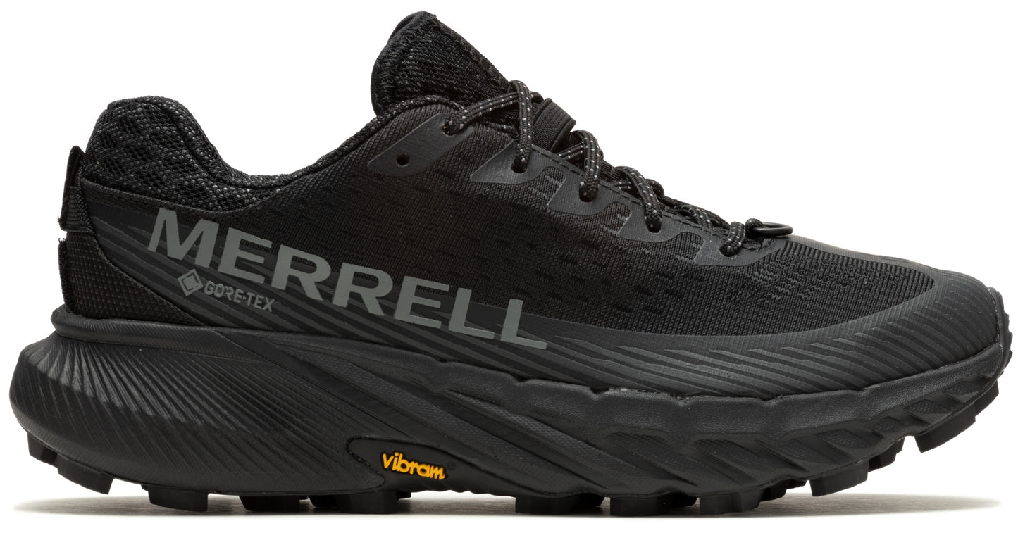 Black running shoe with visible text "MERRELL" and "Vibram".
