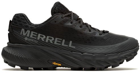 Black running shoe with visible text "MERRELL" and "Vibram".