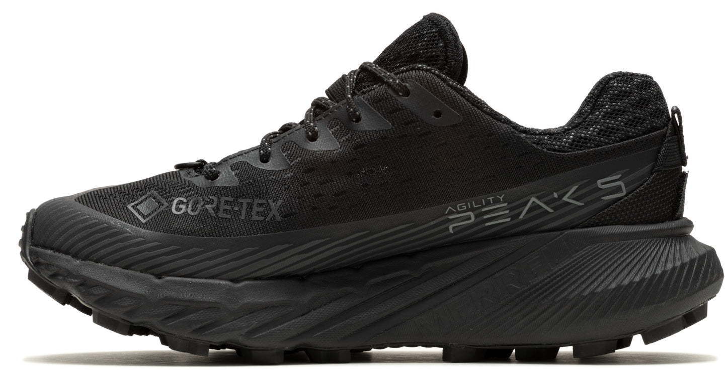 Black trail running shoe with GORE-TEX mark and text "AGILITY PEAKS"