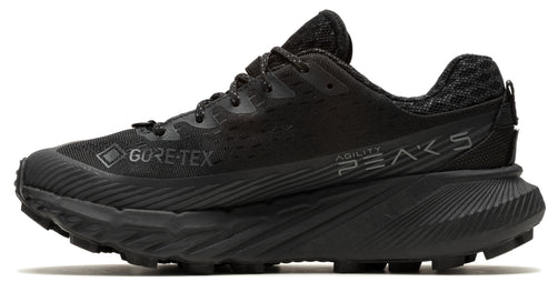 Black trail running shoe with GORE-TEX mark and text "AGILITY PEAKS"