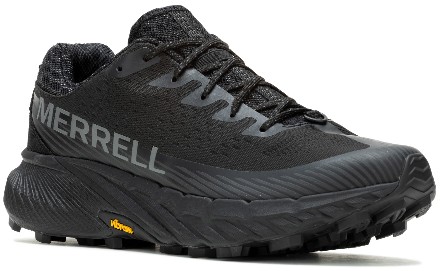 Black athletic shoe with textured sole and prominent MERRELL logo.