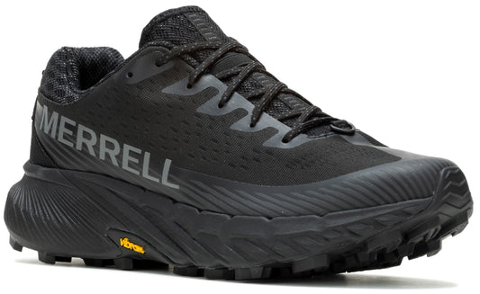 Black athletic shoe with textured sole and prominent MERRELL logo.