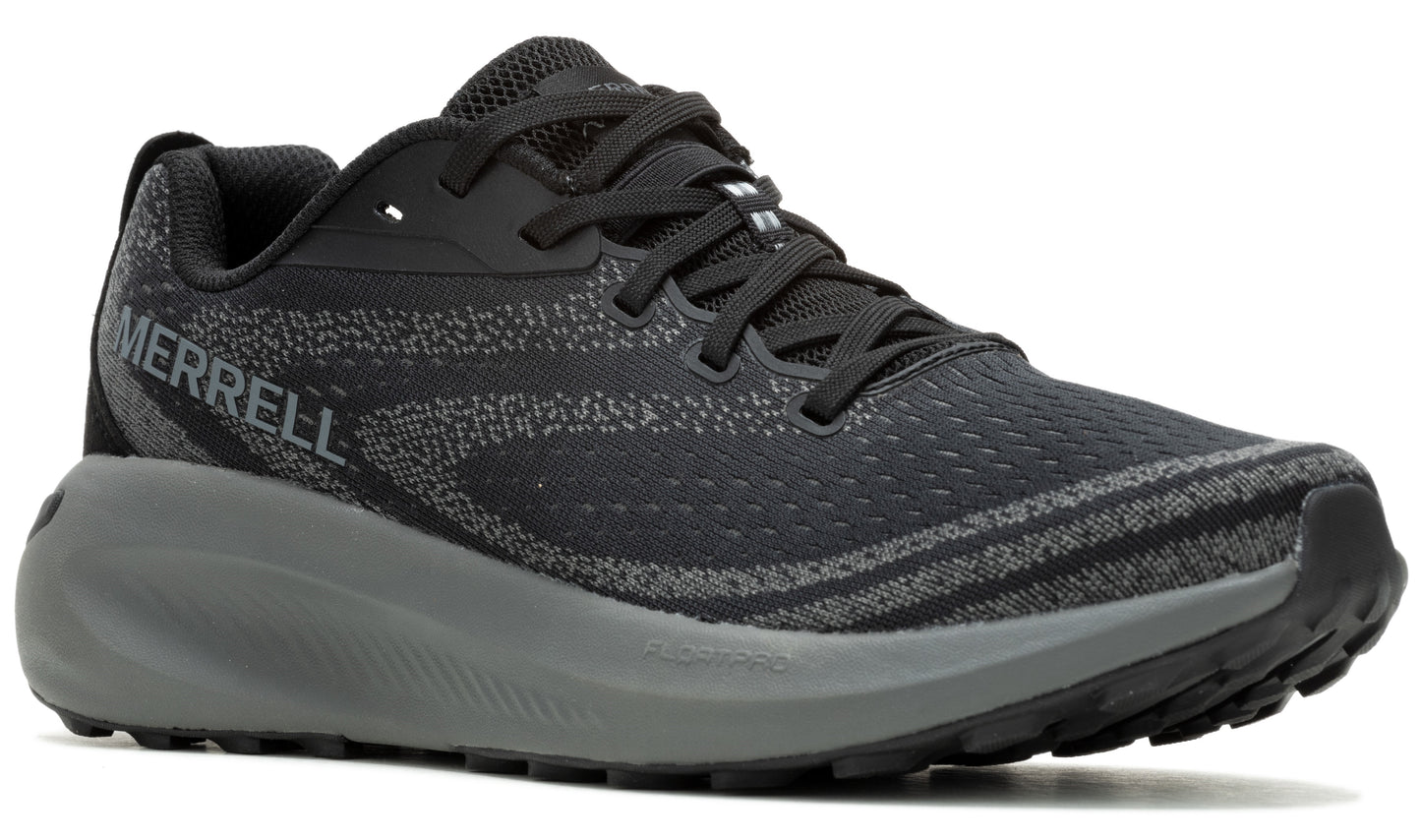 A black running shoe with gray sole and visible 'MERRELL' branding on the side.