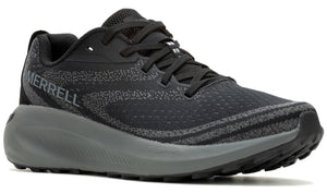 A black running shoe with gray sole and visible 'MERRELL' branding on the side.