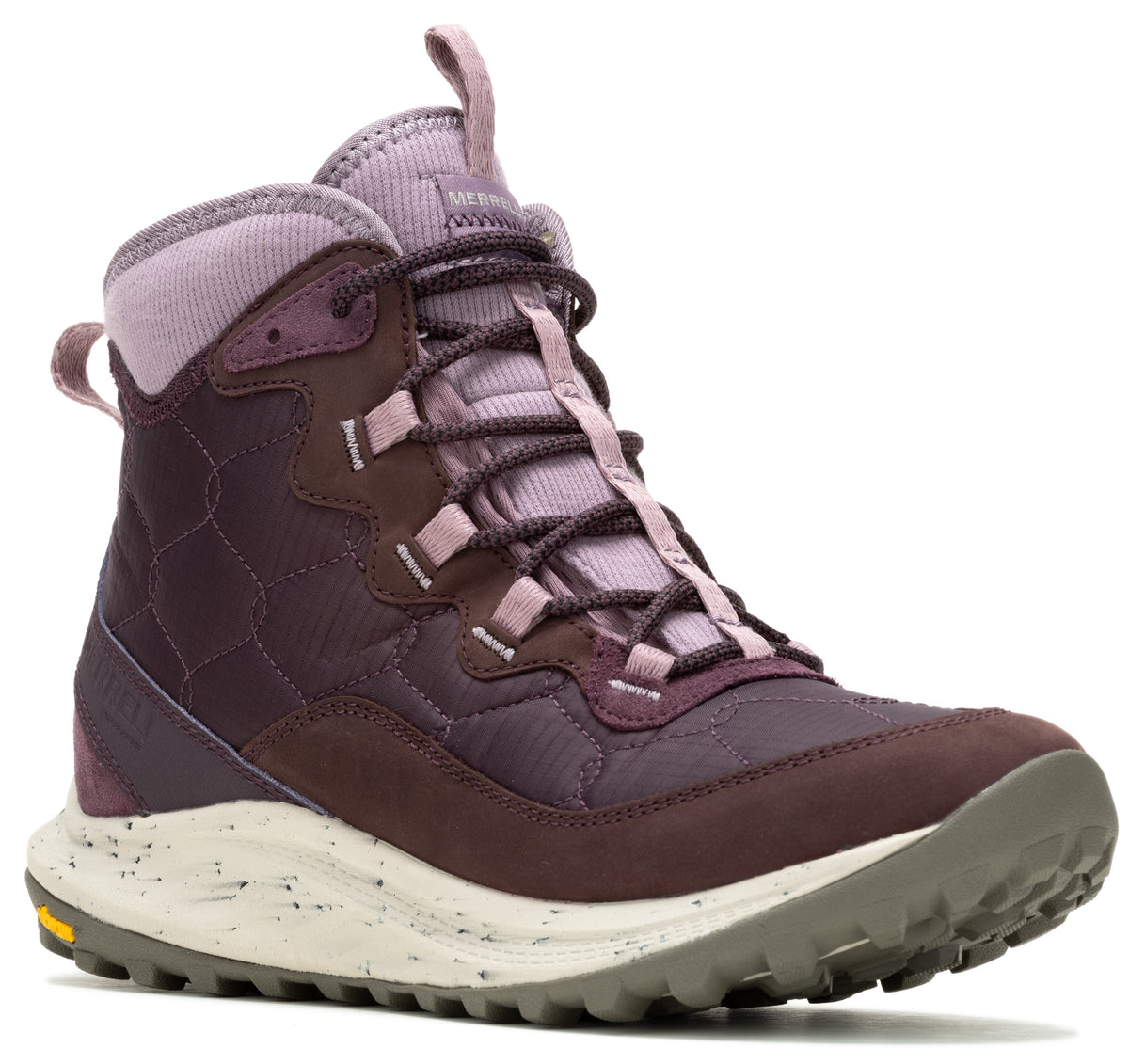 A dark purple high-top sneaker boot with brown accents, a speckled white midsole, and round laces.