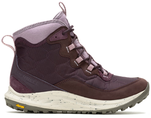 Mid-height hiking boot, plum with lilac accents, lace-up, patterned stitching.
