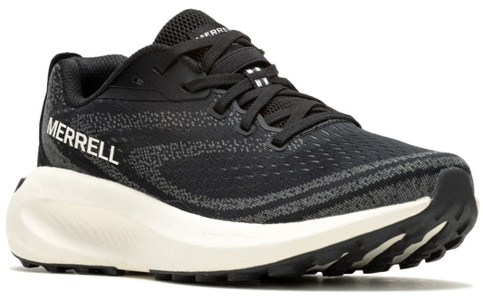 Black running shoe with white sole, 'MERRELL' printed on the side