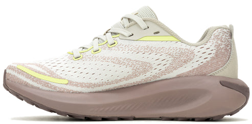A running shoe with a beige and white upper, and a brown sole.