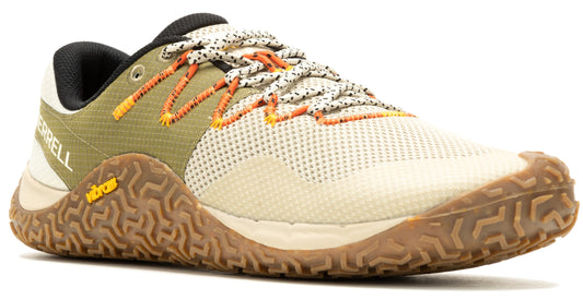 Low-rise athletic shoe with lugged outsole, beige mesh upper, olive green heel and side, orange decorative stitching and multi-colored patterned laces.