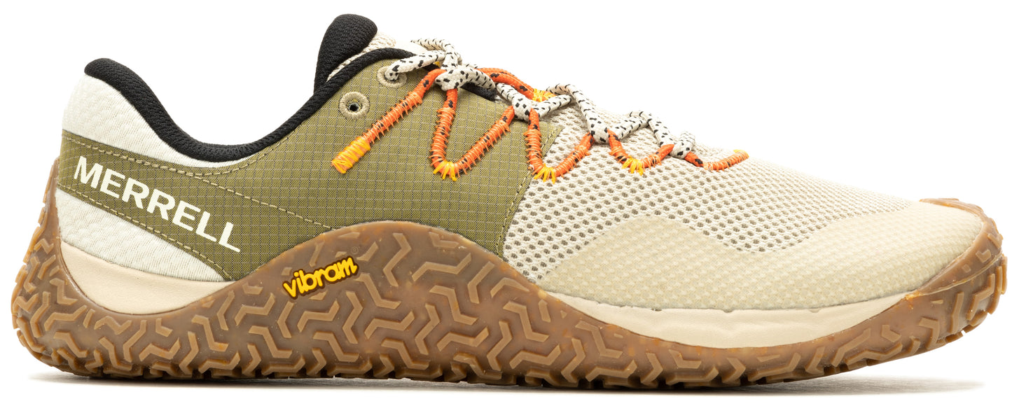 A low-rise athletic shoe with brown honeycomb patterned sole, green and cream colored body, and orange accented laces.