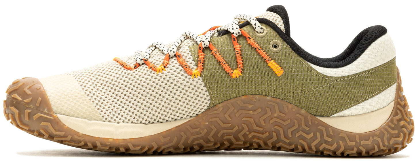 A shoe with a light beige mesh forefoot, orange-accented laces, and an olive green heel, atop a brown textured sole.