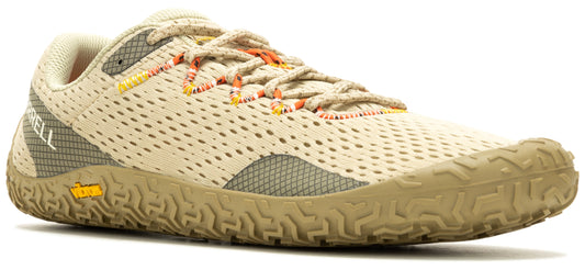 Tan running shoe with orange laces and textured sole.