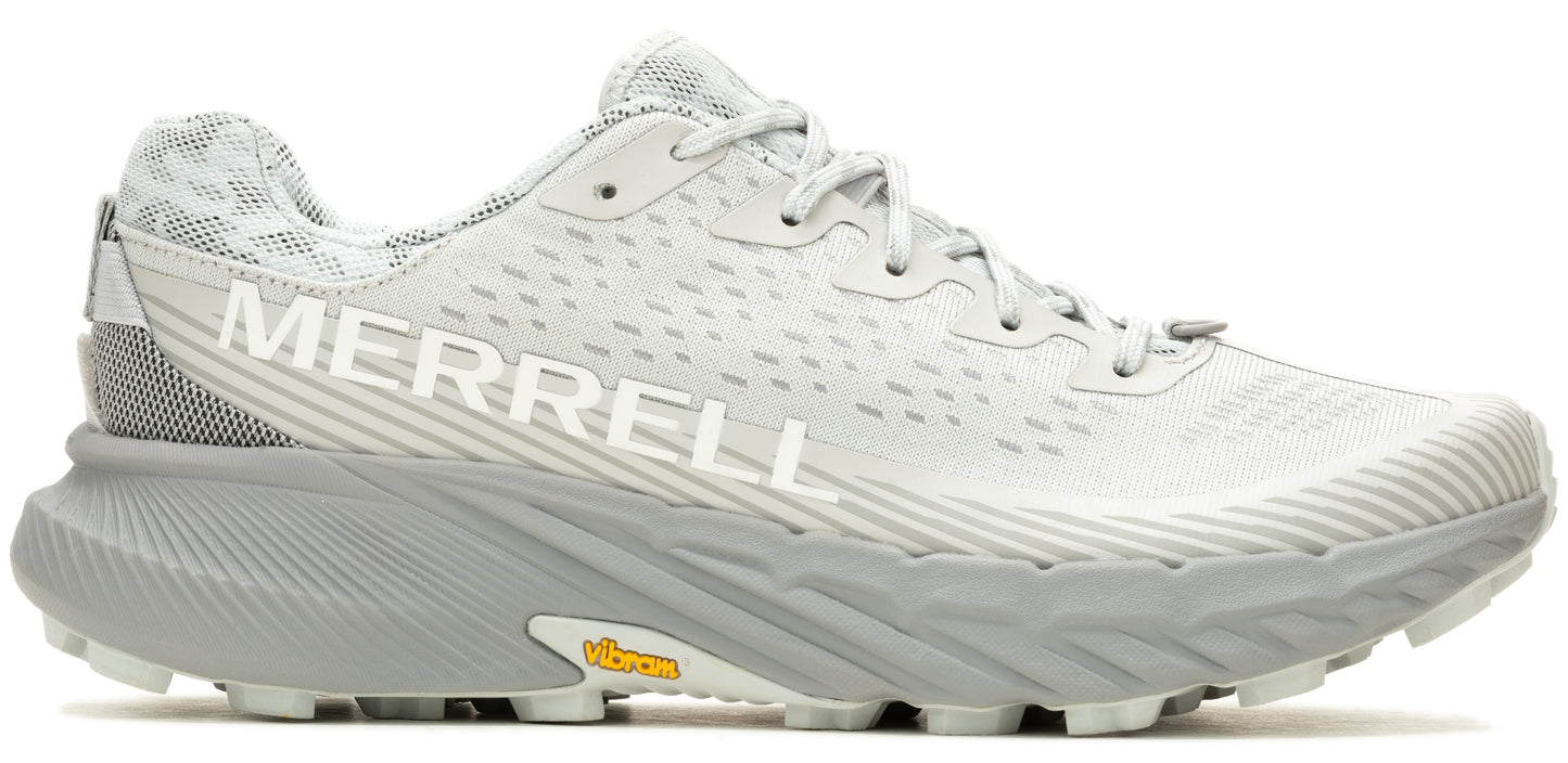 A running shoe with a gray sole and the word MERRELL on the side.
