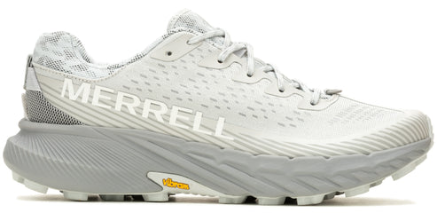 A running shoe with a gray sole and the word MERRELL on the side.