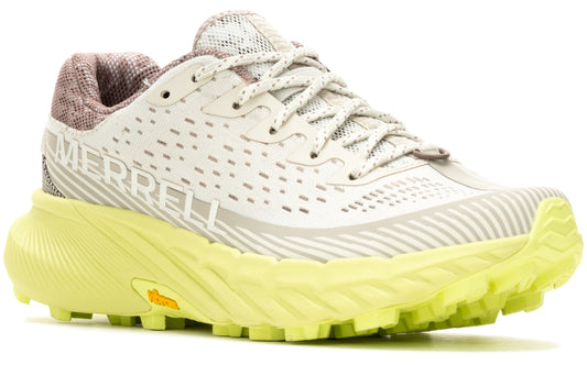 Off-white athletic shoe with a yellow sole and the word MERRELL printed on the side.