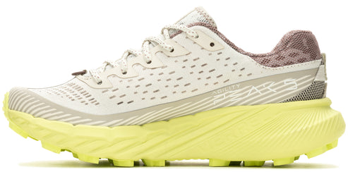 A running shoe in a light grey colorway with a bright yellow sole.