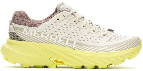A running shoe with a yellow sole and "MERRELL" printed on the side.