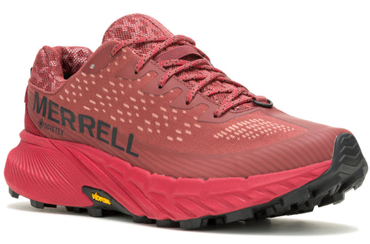 Red running shoe with black accents and the text "MERRELL GORE-TEX" on the side.