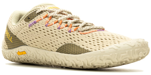 A low-profile shoe with a beige mesh upper, textured sole, and patterned laces.