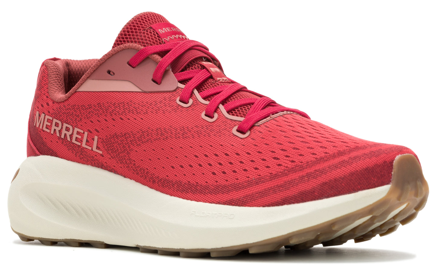 Red running shoe with off-white thick sole and brown tread.