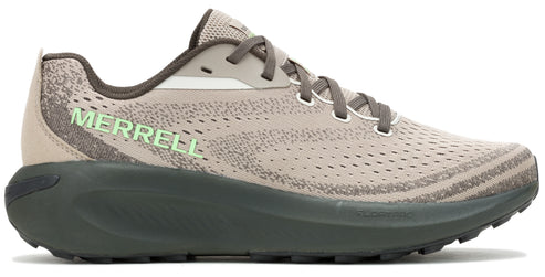Tan running shoe with gray accents and light green "MERRELL" logo.