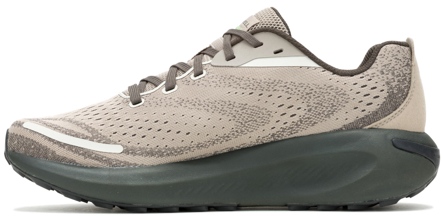 A running shoe featuring a beige upper with gray accents and a dark green sole.