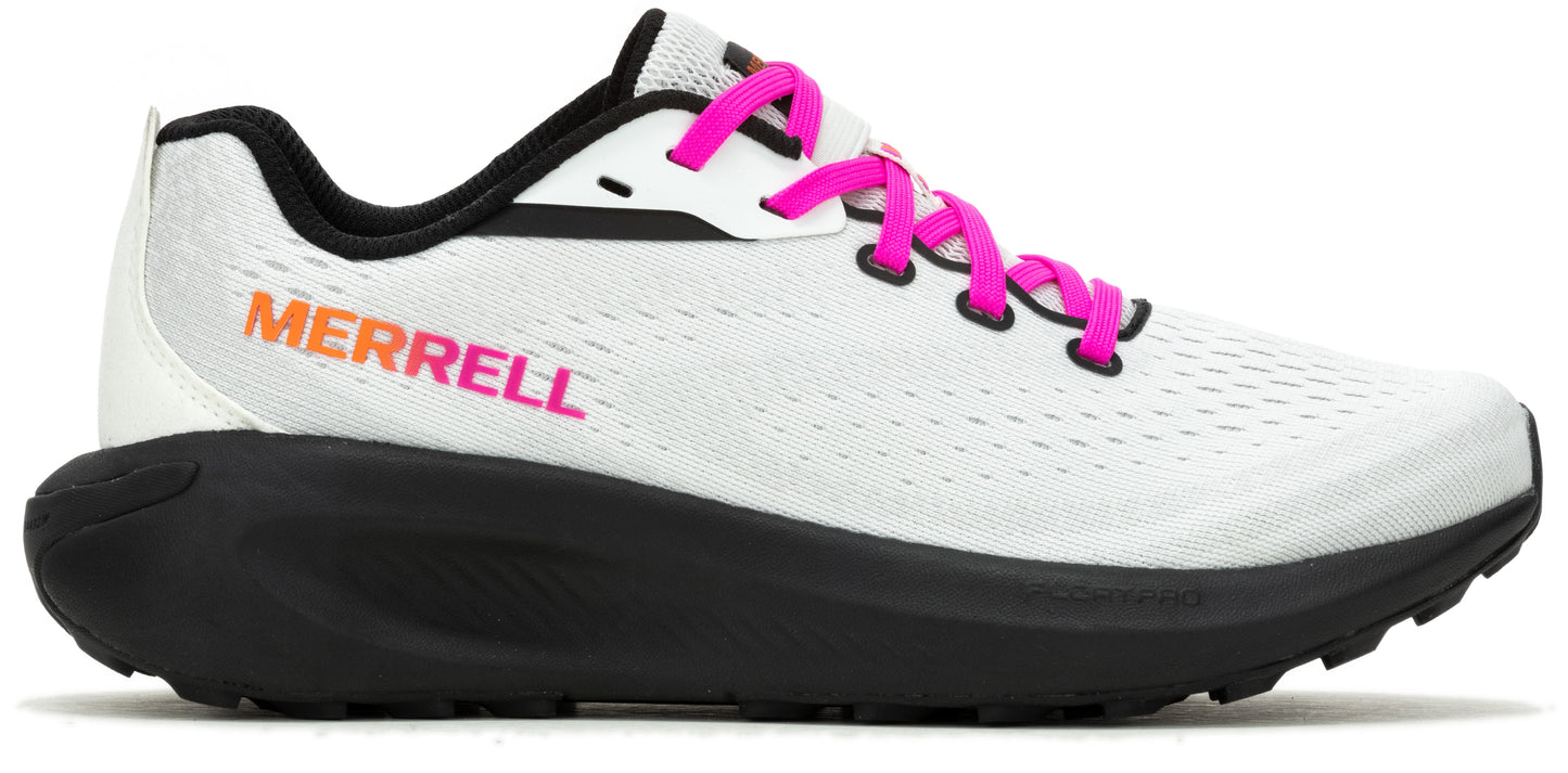 A white running shoe with pink laces, black soles and black lining.