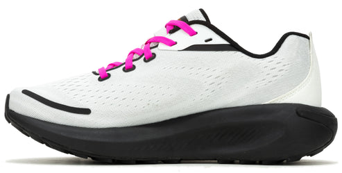 White running shoe with black sole and pink laces.