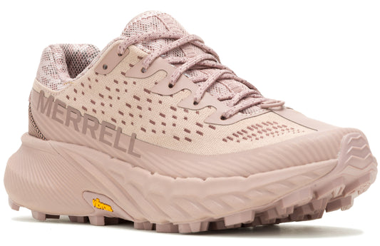 Light pink running shoe with MERRELL logo, laces, and lug sole.