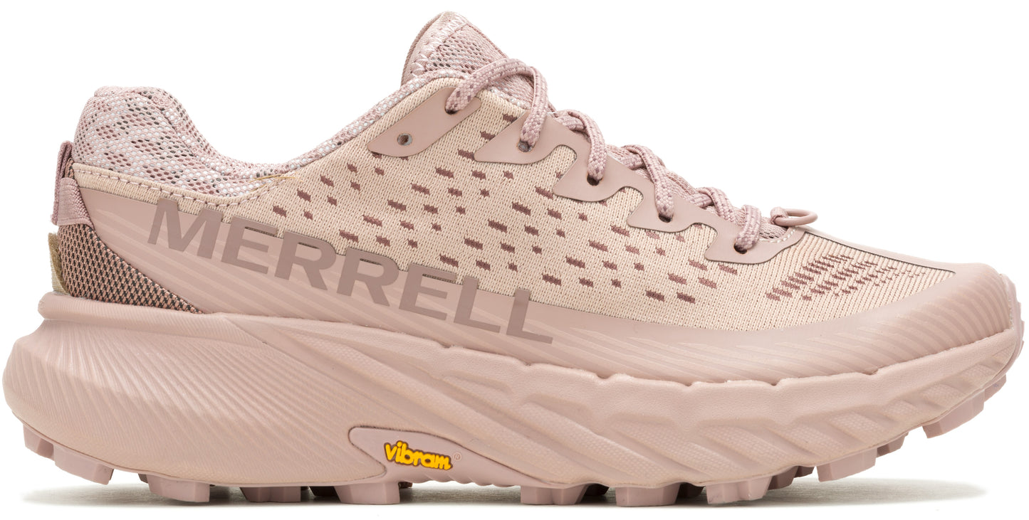 Tan trail running shoe with MERRELL printed on the side.