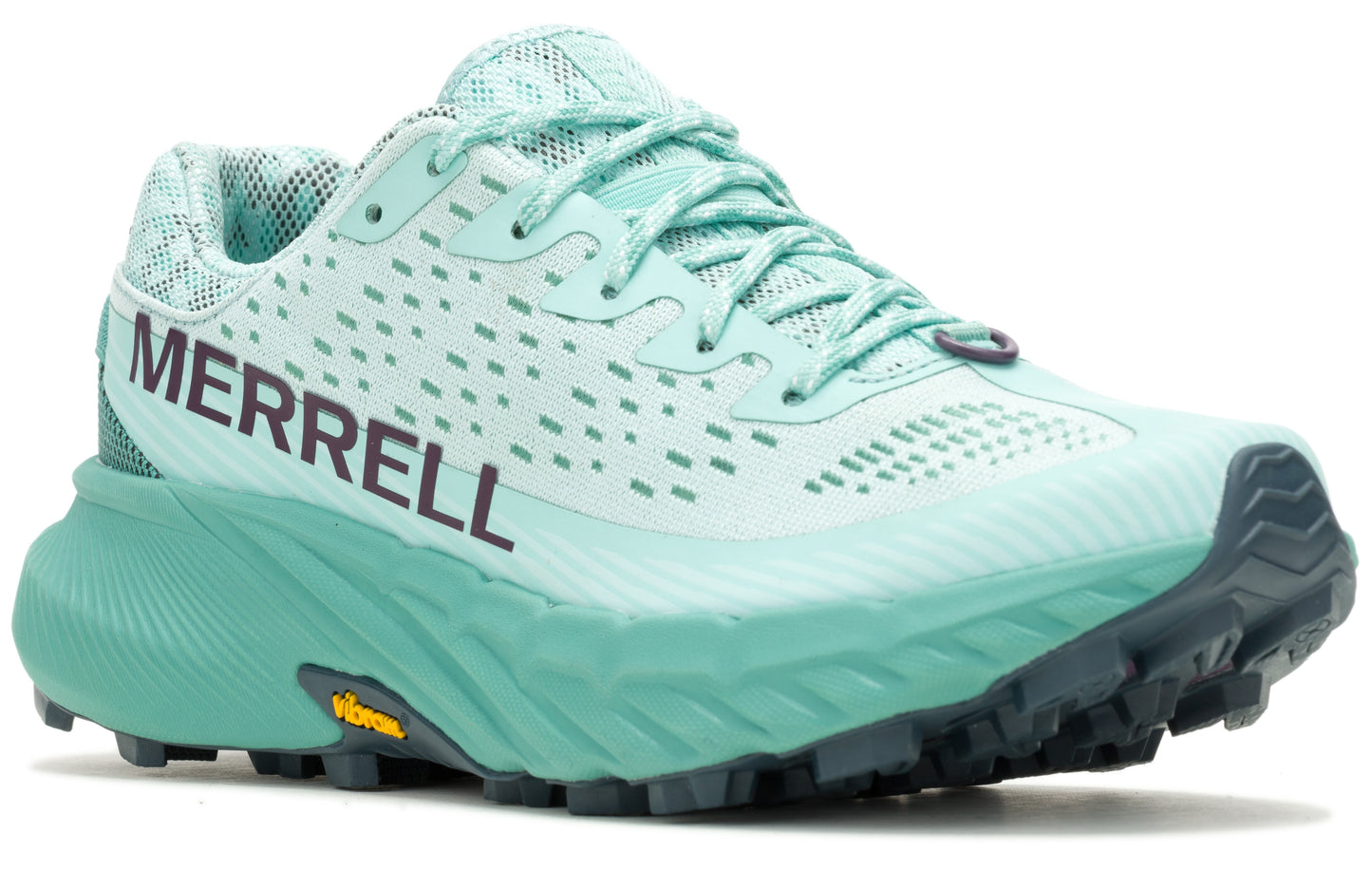 Mint green athletic shoe with the word MERRELL on the side