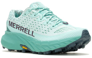 Mint green athletic shoe with the word MERRELL on the side
