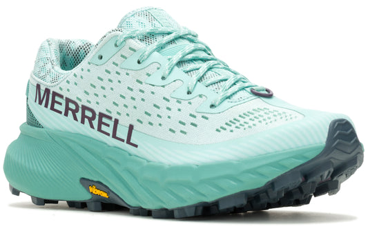 Mint green athletic shoe with the word MERRELL on the side