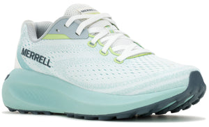 Athletic shoe with mesh upper, light green midsole, white laces, and the word "MERRELL" printed on the side.