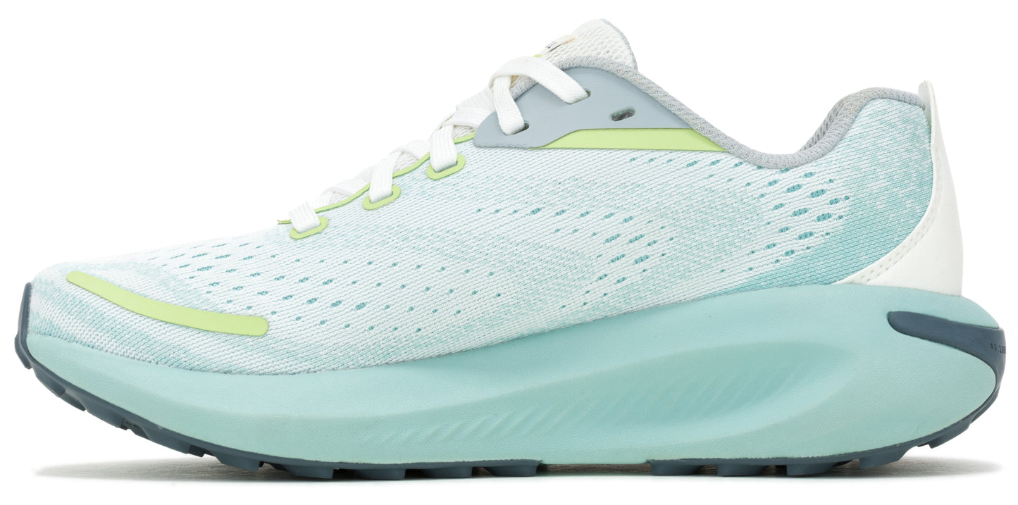 A running shoe with a seafoam green sole, white laces and light green accents.